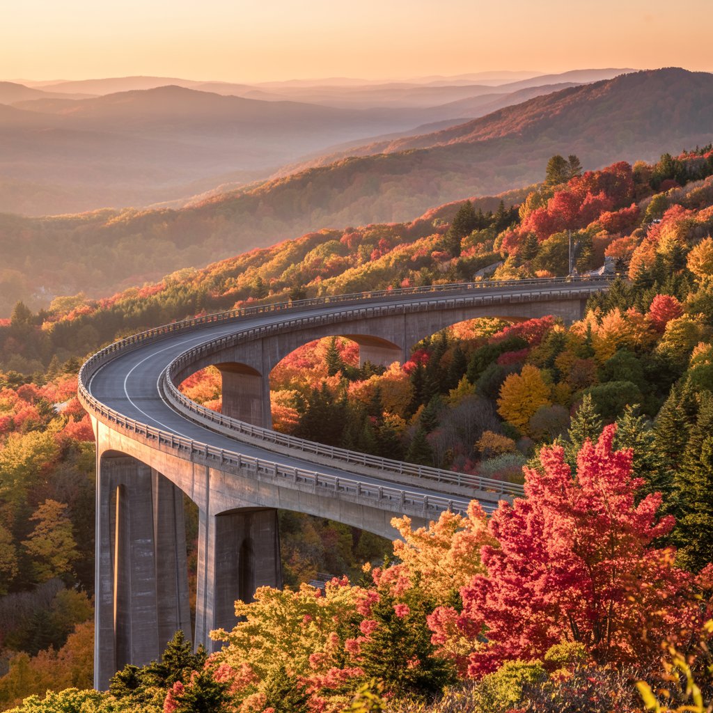 Blue Ridge Parkway fall foliage 2026 at Linn Cove Viaduct with vibrant autumn colors