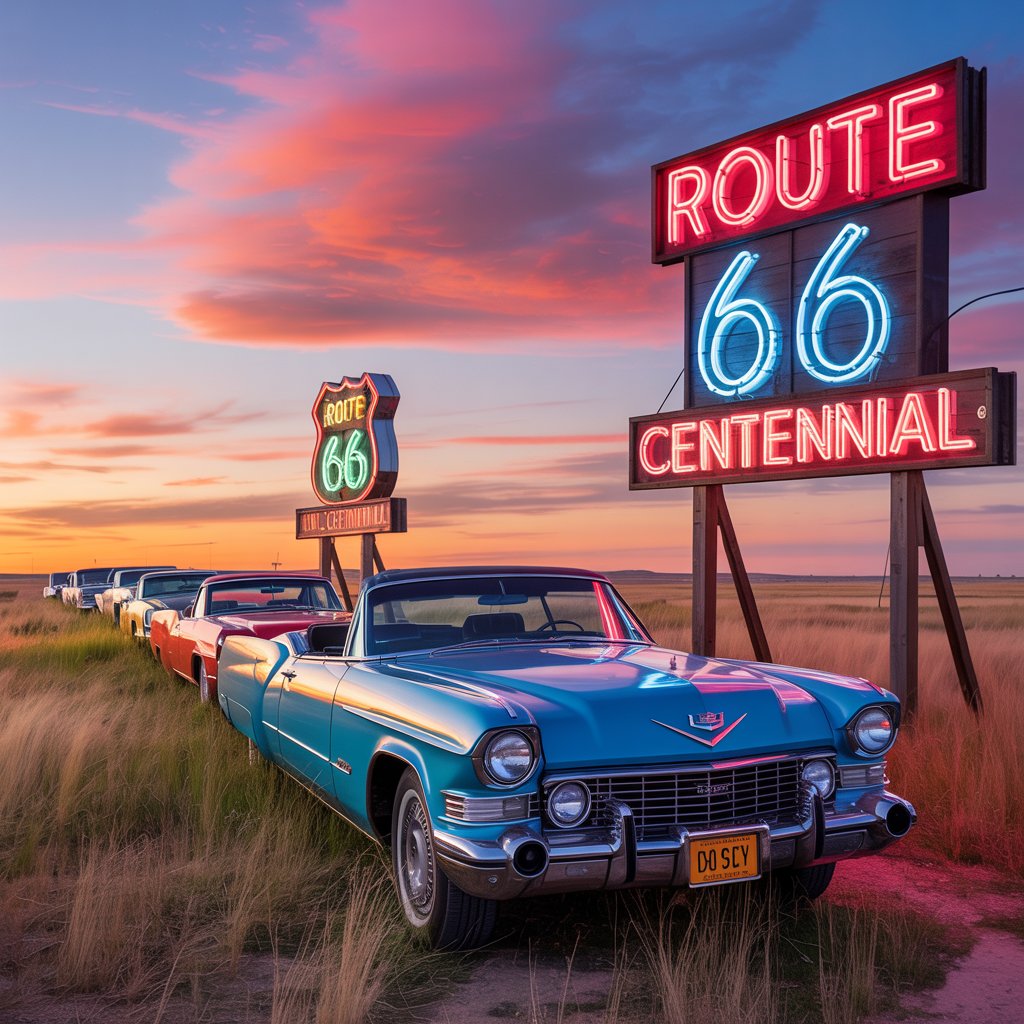 Route 66 2026 centennial celebration with Cadillac Ranch and neon signs